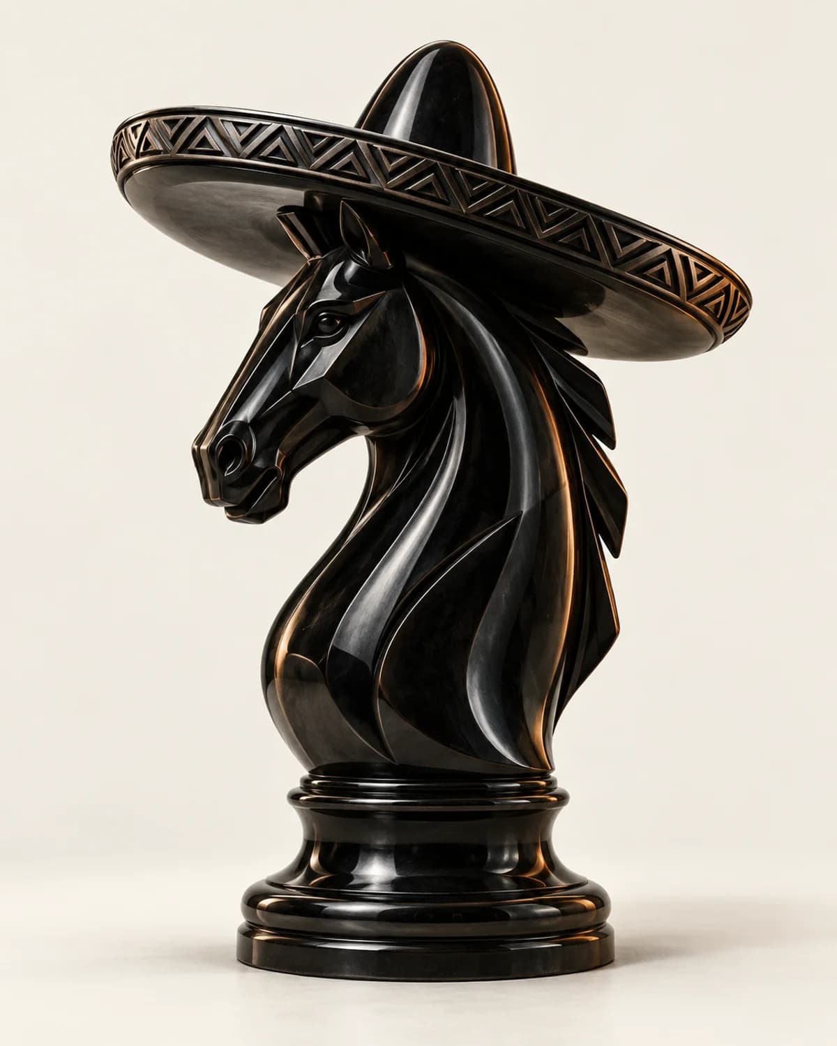 El caballo de Charro: una escultura negra de ajedrez con sombrero mexicano
